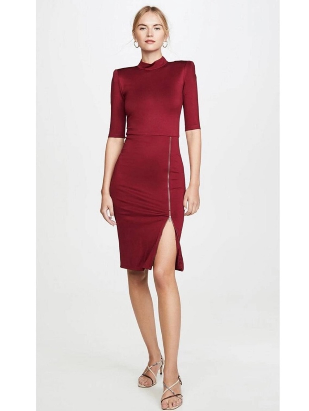 Alice + Olivia Wine Red Midi Dress with Zipper Slit and Back Zip Closure